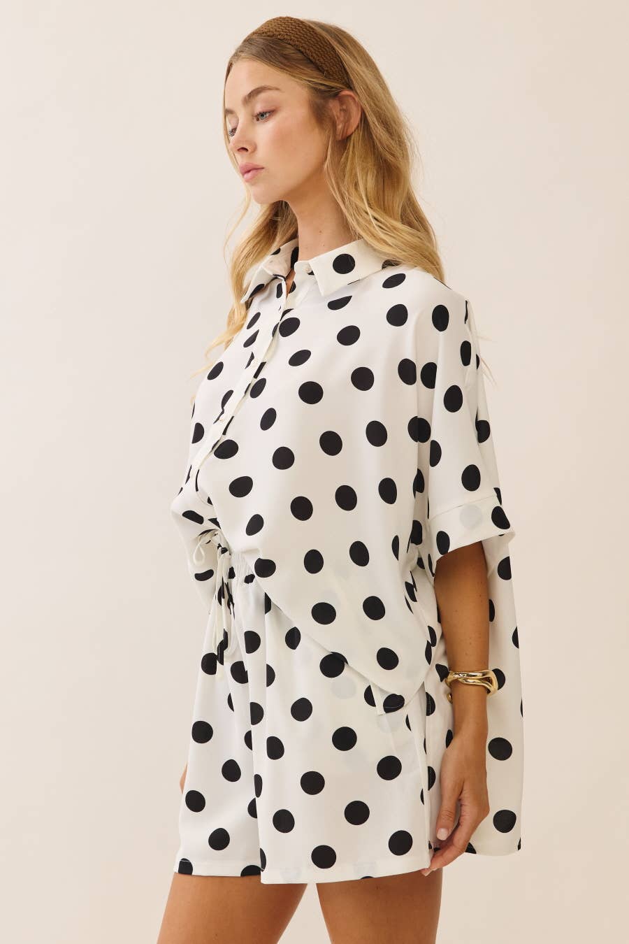 Polka Dot Short Sleeve Button-up Top & Shorts Set