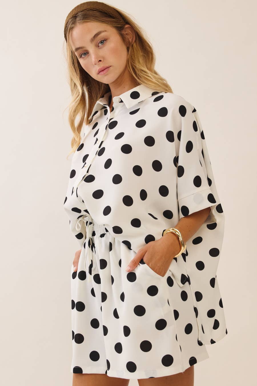 Polka Dot Short Sleeve Button-up Top & Shorts Set