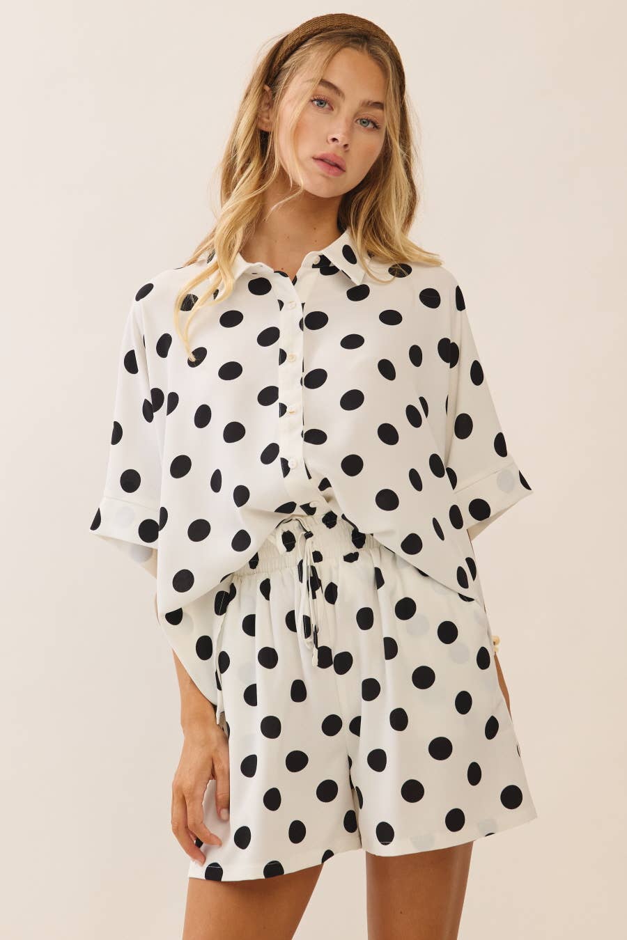 Polka Dot Short Sleeve Button-up Top & Shorts Set