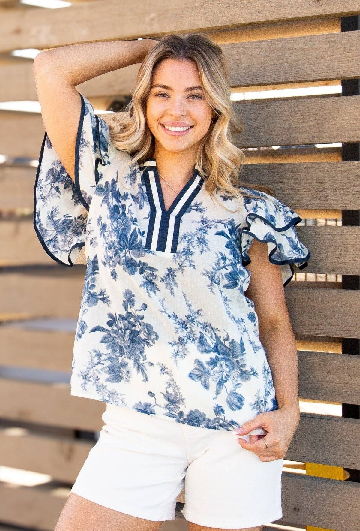 V-Neck Flutter Sleeve Top, Blue Floral