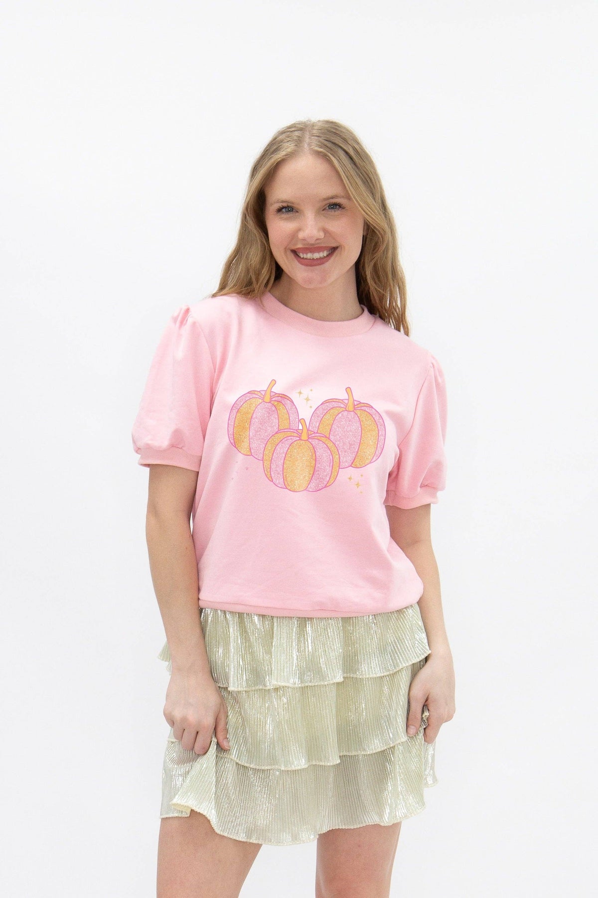 Glitter Pumpkins on Pink Puff Sleeve Top